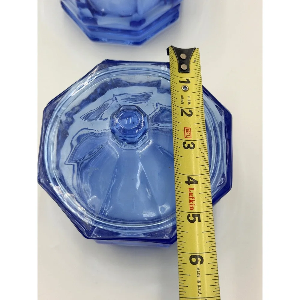Vintage Indiana Glass Blue Glass Octagon Candy Dishes Set Lot of 2 Paneled Jars
